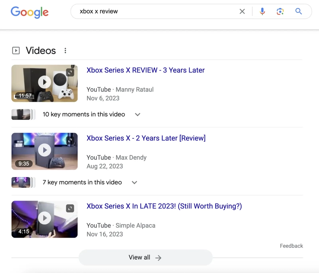 بخش "ویدیوها" در Google SERP برای "بررسی xbox x"