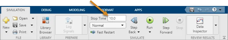 فیلد stop time در Simulink به منظور تعیین زمان توقف سازی شبیه سازی