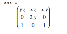 نتیجه محاسبه ماتریس ژاکوبی برای تابع [x*y*z, y^2, x + z] نسبت به بردار [x, y, z]