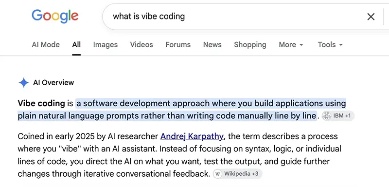 اسکرین شات نتیجه ی جستجوی گوگل برای «vibe coding» با خلاصه ی هوش مصنوعی که آن را ساخت نرم افزار با دستورهای زبان طبیعی توضیح می دهد.