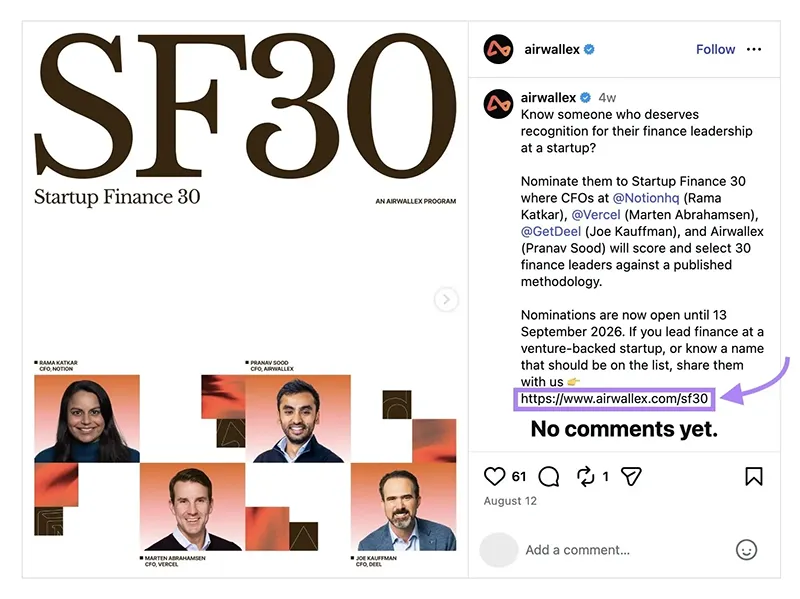 اسکرین شات پست اینستاگرام ایرولکس که برای فهرست «Startup Finance 30» فراخوان نامزدی می دهد، همراه با عکس چهار مدیر مالی.